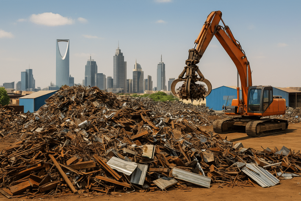 audi Arabia metal scrap industry showing piles of recycled steel and aluminum under bright sunlight, representing recycling and sustainability efforts.”