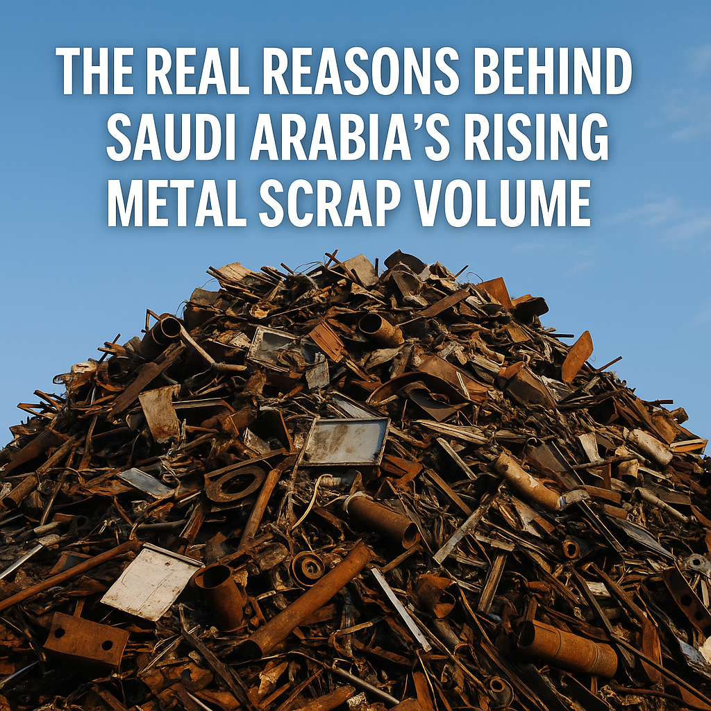 “Scrap metal recycling yard in Saudi Arabia showing piles of steel, aluminum, and copper ready for processing, symbolizing the rise of metal scrap volume in the country.”