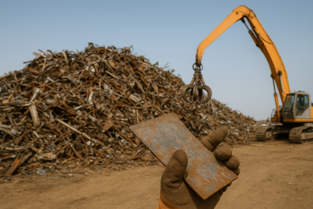 “Scrap Metal Recycling Business setup showing tools, metals, and storage area”