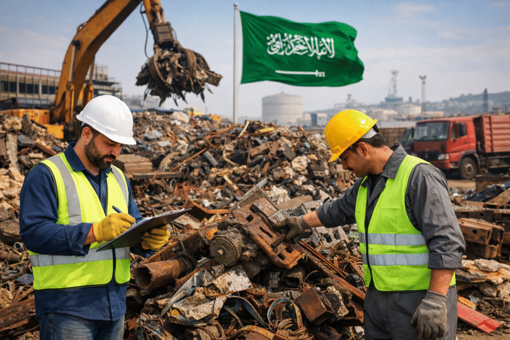 Industrial scrap buyers in Saudi Arabia inspecting metal scrap at a recycling yard in Jeddah