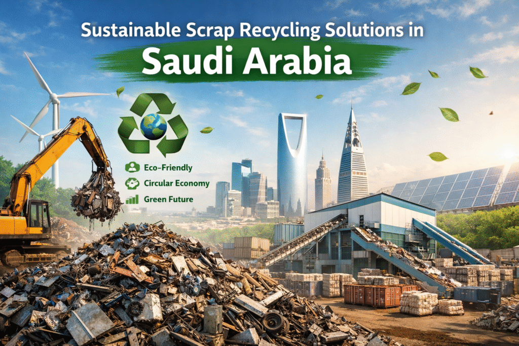 “Sustainable scrap recycling solutions in Saudi Arabia showcasing an eco-friendly recycling facility with organized metal scrap processing, solar panels, and modern infrastructure”