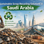 “Sustainable scrap recycling solutions in Saudi Arabia showcasing an eco-friendly recycling facility with organized metal scrap processing, solar panels, and modern infrastructure”