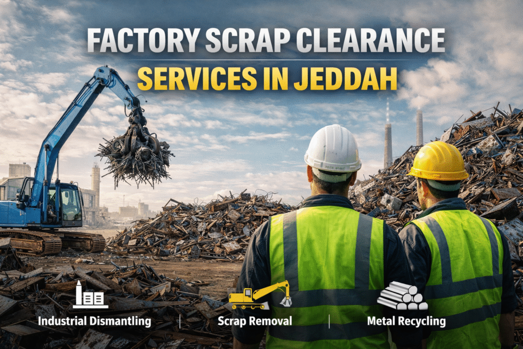 Factory Scrap Clearance Services in Jeddah – industrial scrap removal site with crane and metal debris.