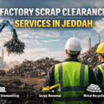 Factory Scrap Clearance Services in Jeddah – industrial scrap removal site with crane and metal debris.