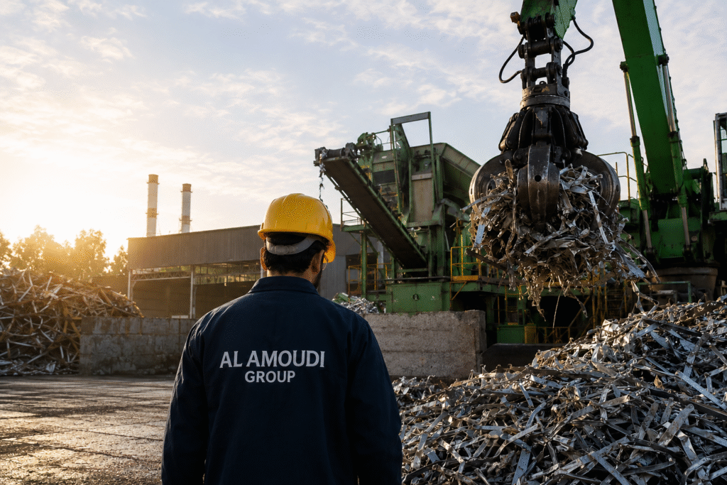 Industrial metal recycling solutions in Saudi Arabia featuring a large scrapyard with heavy machinery, metal waste processing, and an Al Amoudi Group worker supervising sustainable recycling operations.