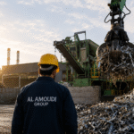 Industrial metal recycling solutions in Saudi Arabia featuring a large scrapyard with heavy machinery, metal waste processing, and an Al Amoudi Group worker supervising sustainable recycling operations.